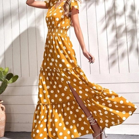 yellow polka dot print ruffle hem maxi dress - Picture 6 of 7
